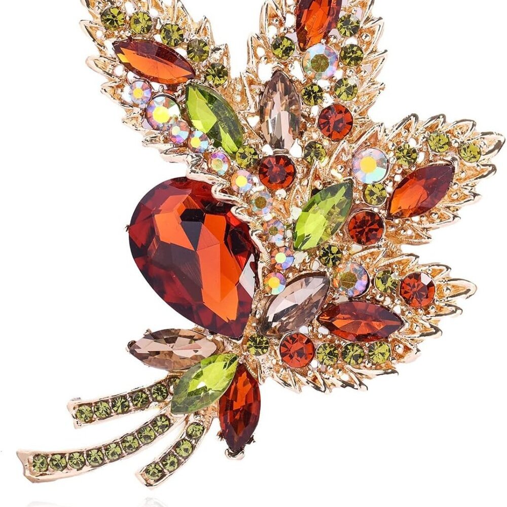 Big Large Brooch Pin Austrian Crystal Leaf Shape Bouquet Rhinestone Scarf Decora
